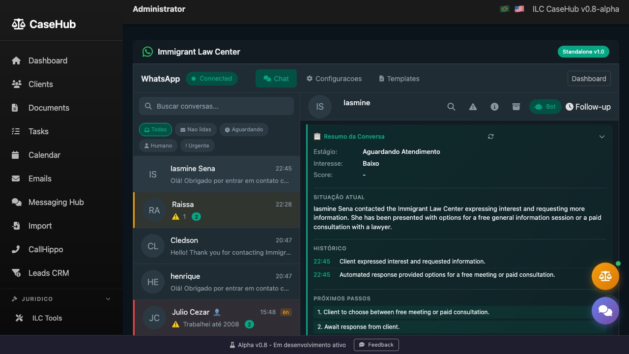 CaseHub dashboard with WhatsApp integration